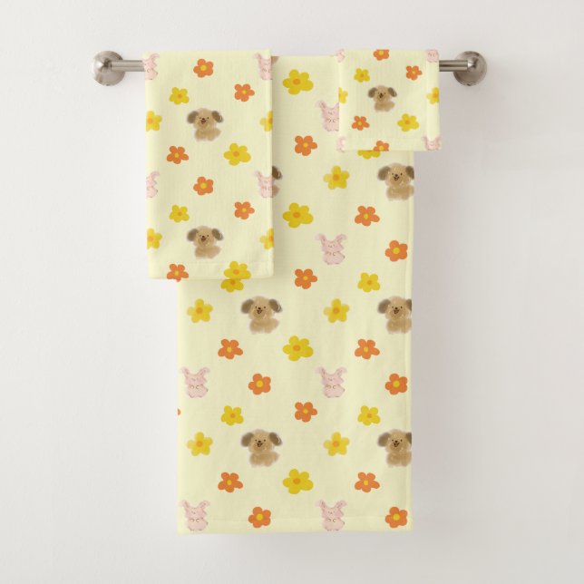 Bunny and puppy pattern bath towel set (Insitu)