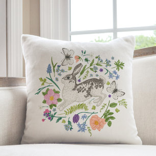 Bunny and Spring Flowers Throw Pillow