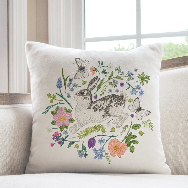 Bunny and Spring Flowers  Throw Pillow (Creator Uploaded)