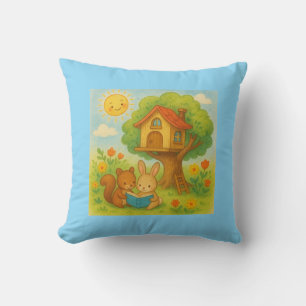 Bunny and Squirrel Reading by Treehouse – Cute Pas Throw Pillow