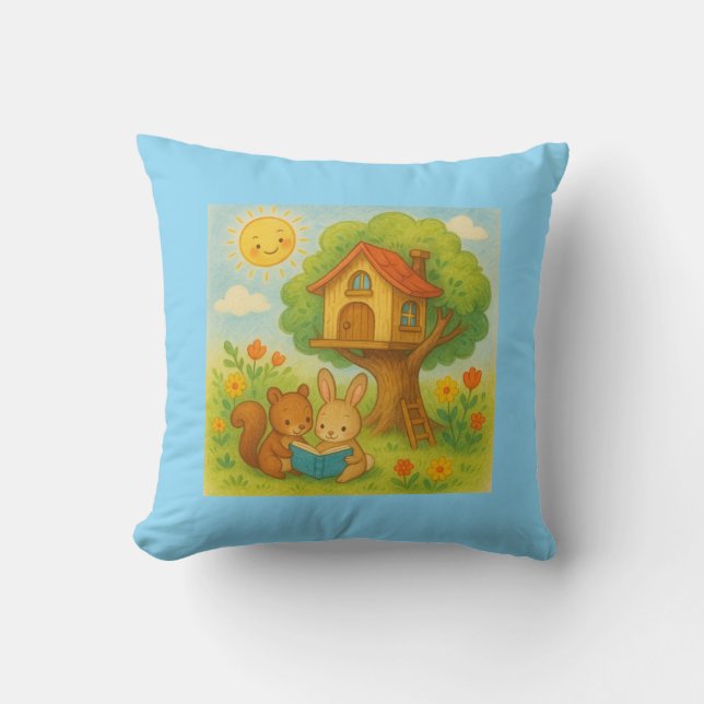 Bunny and Squirrel Reading by Treehouse – Cute Pas Throw Pillow (Front)