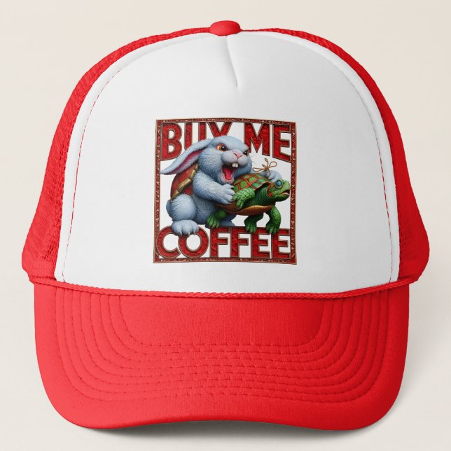 Bunny and Turtle: Buy Me A Coffee Trucker Hat (Front)