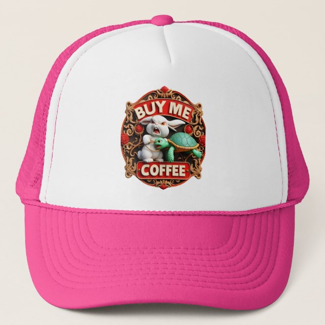 Bunny and Turtle Coffee Quest Buy Me A Coffee Trucker Hat (Front)