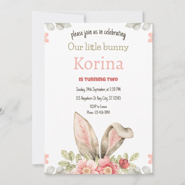 Bunny Anniversaire Fête Invitation rose floral (Devant)