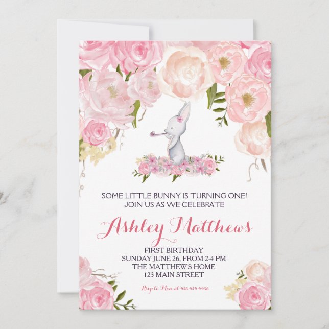 Bunny anniversaire rose Belle Invitation Florale, (Devant)