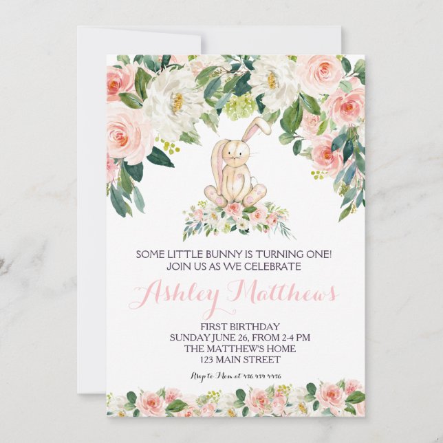 Bunny anniversaire rose Belle Invitation Florale, (Devant)