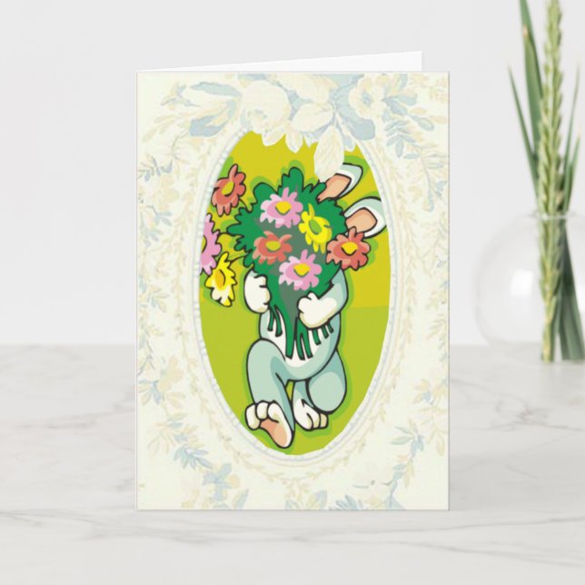 Bunny Apportant Bouquet De Fleurs Carte Pâques (Devant)