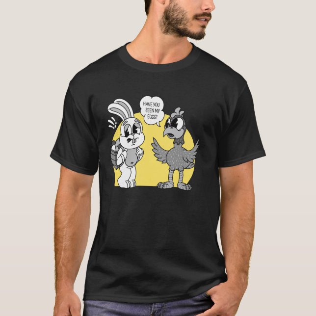 Bunny Asking Chicken About Eggs T-Shirt (Front)