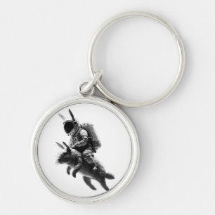 Bunny Astronaut Riding a Rabbit in Space  Keychain