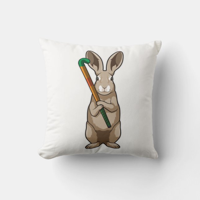 Bunny at Hockey with Hockey stick Throw Pillow (Front)