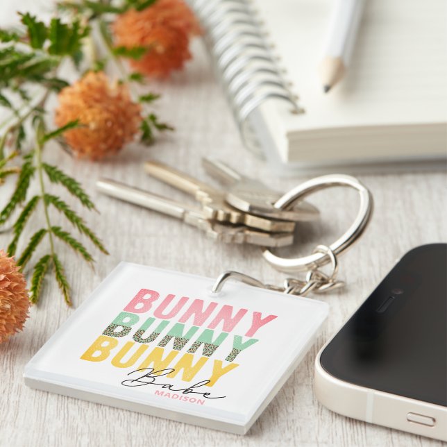 Bunny Babe Cute Modern Girly Easter Personalized Keychain (Front Right)