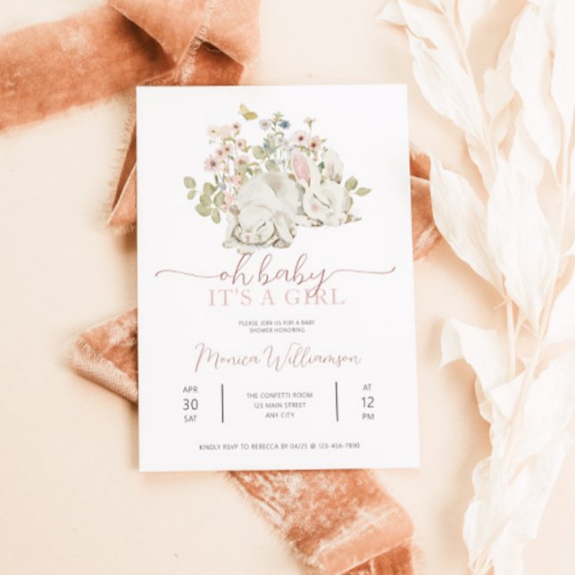 Bunny Baby Girl Douche Invitation (Baby Bunny It's a Girl Shower Invite)