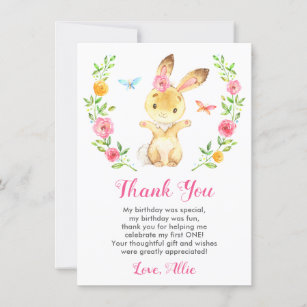 Bunny Baby Girl First Birthday Party Floral Rabbit Thank You Card