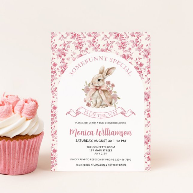 Bunny Baby Girl Shower Invitation Toile (Girl's Baby Shower Baby Bunny Invite)
