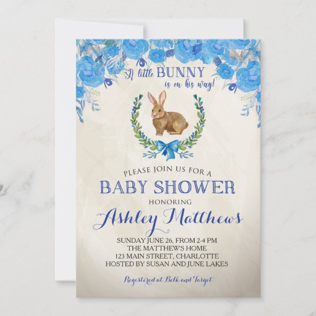 Bunny BABY SHOWER boy Beautiful Floral Invitation (Front)