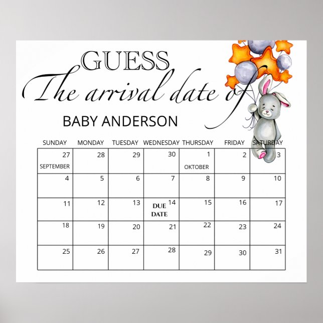 Bunny Baby Shower Guess Due Date Calendar  Poster (Front)