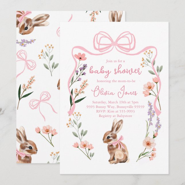 Bunny baby shower invitation fleurs arc rose fille (Devant / Derrière)