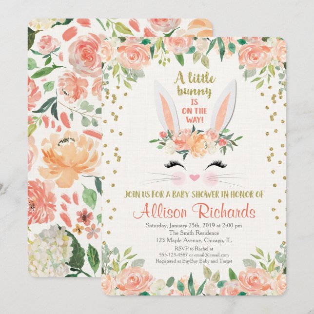 Bunny baby shower invitation peach cream Easter (Front/Back)