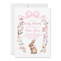 Bunny baby shower invitation pink bow girl flowers