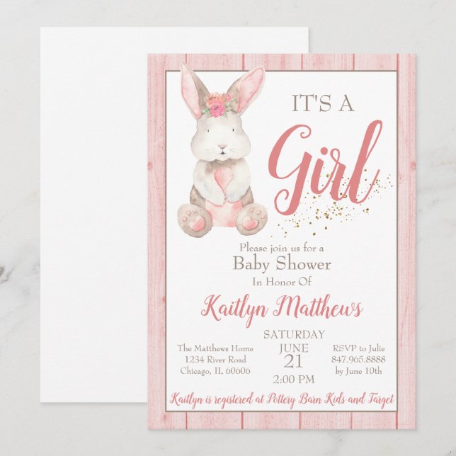 Bunny Baby shower Invitation pour Fille Bébé (Devant / Derrière)