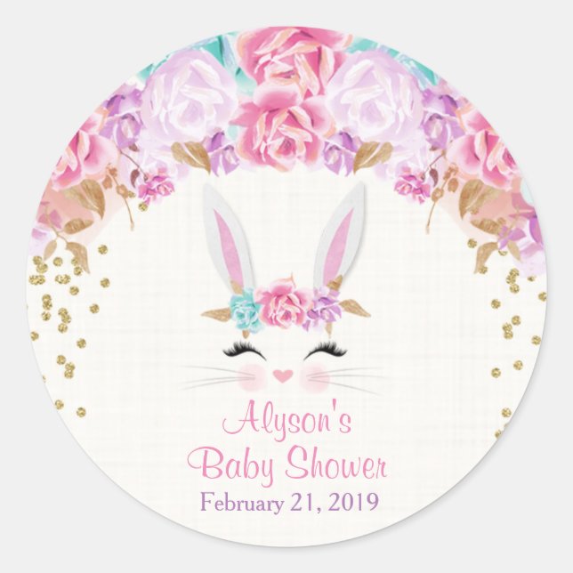 Bunny baby shower stickers, pink and gold classic round sticker (Front)