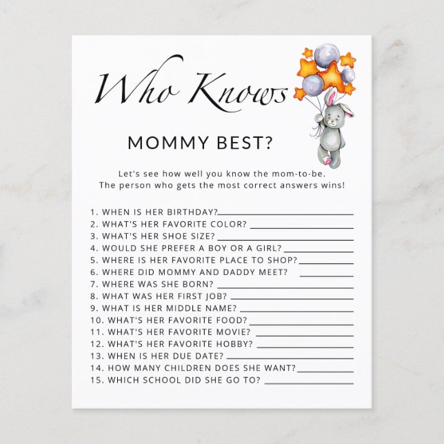 Bunny baby shower Who knows mommy best game (Front)