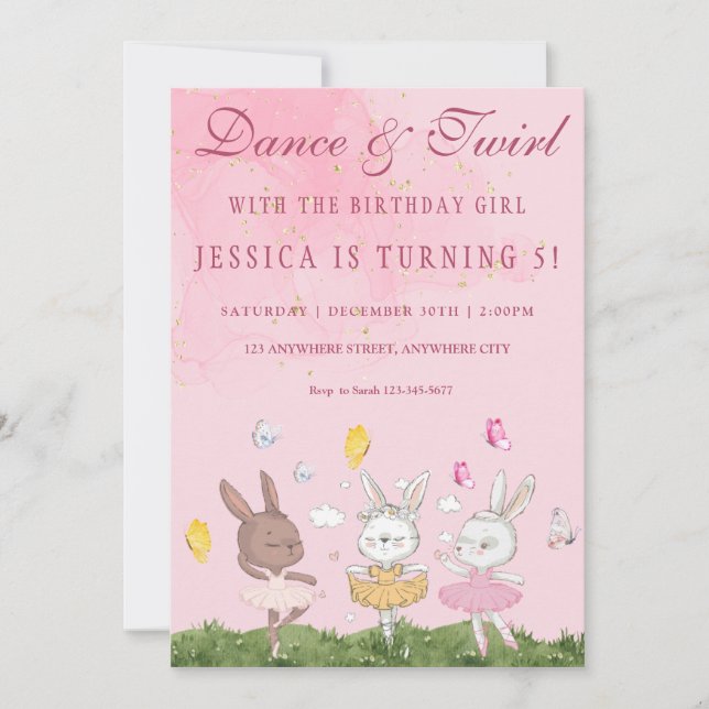 Bunny Ballerina Invitation de fête d'anniversaire (Devant)