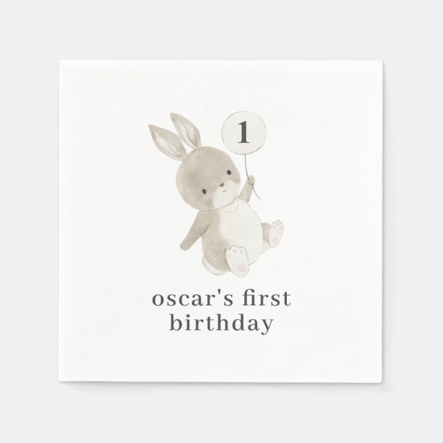 Bunny Balloon 1st Birthday Napkin (Front)