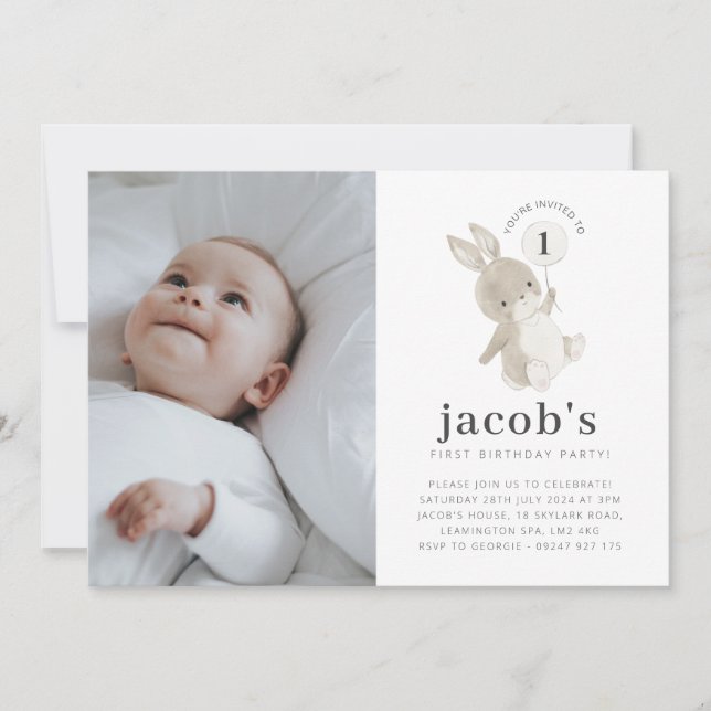 Bunny Balloon Photo 1st Birthday Invitation (Front)