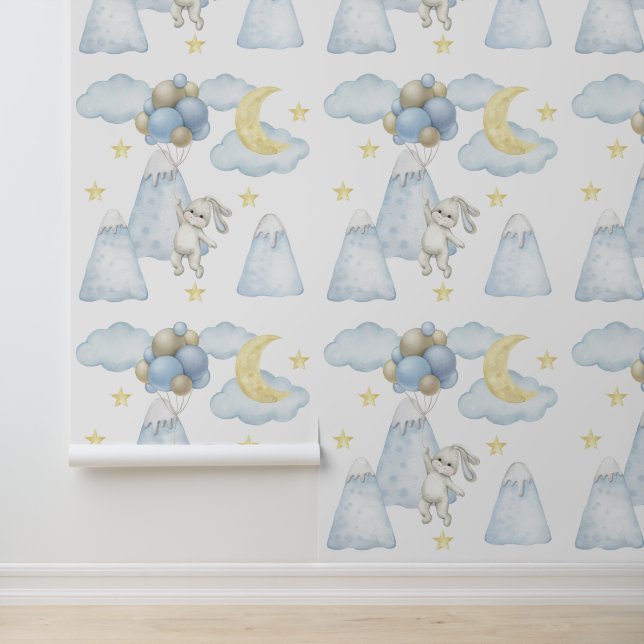 Bunny Balloons Mountains Moon Star Cloud Baby Boy  Wallpaper (Application)