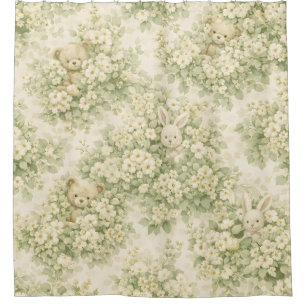 Bunny Bear Floral Garden Neutral Green Pattern