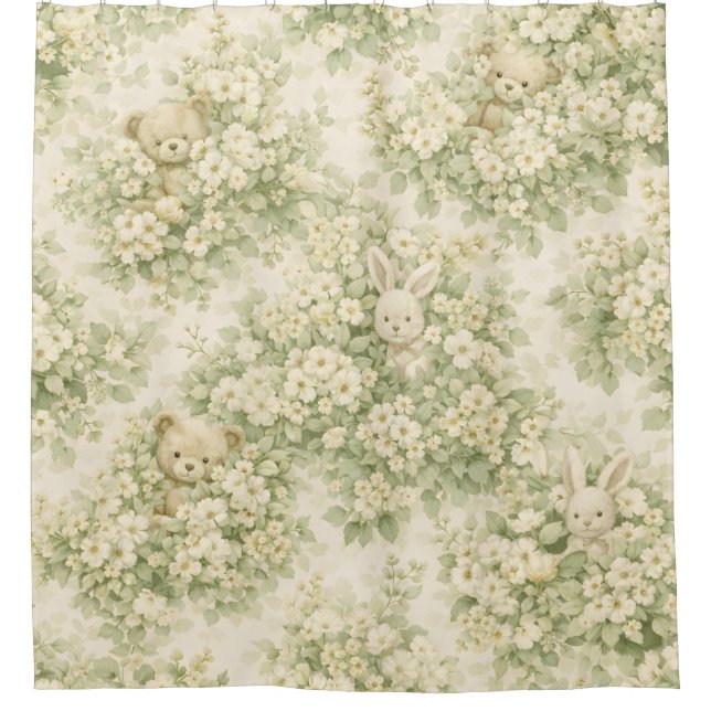 Bunny Bear Floral Garden Neutral Green Pattern (Front)
