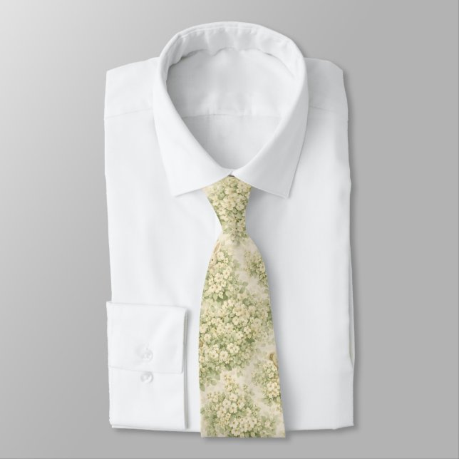 Bunny Bear Floral Garden Neutral Green Pattern Tie (Tied)