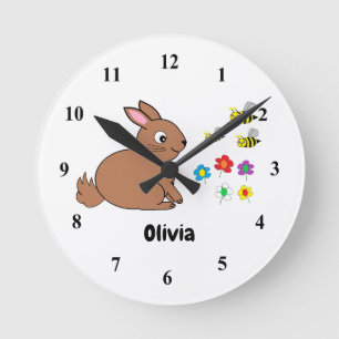 Bunny, bees & flowers on a white Acrylic clock