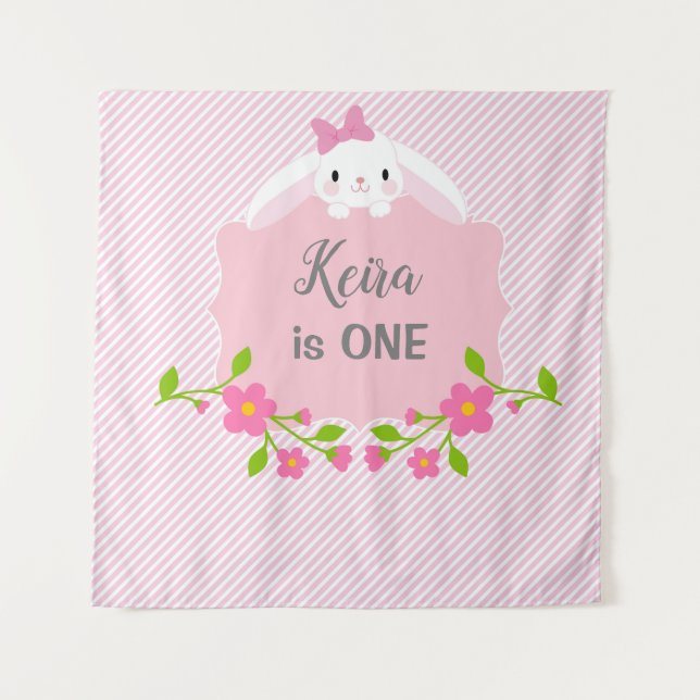 Bunny Birthday Backdrop Banner (Pink & Flowers) Tapestry (Front)