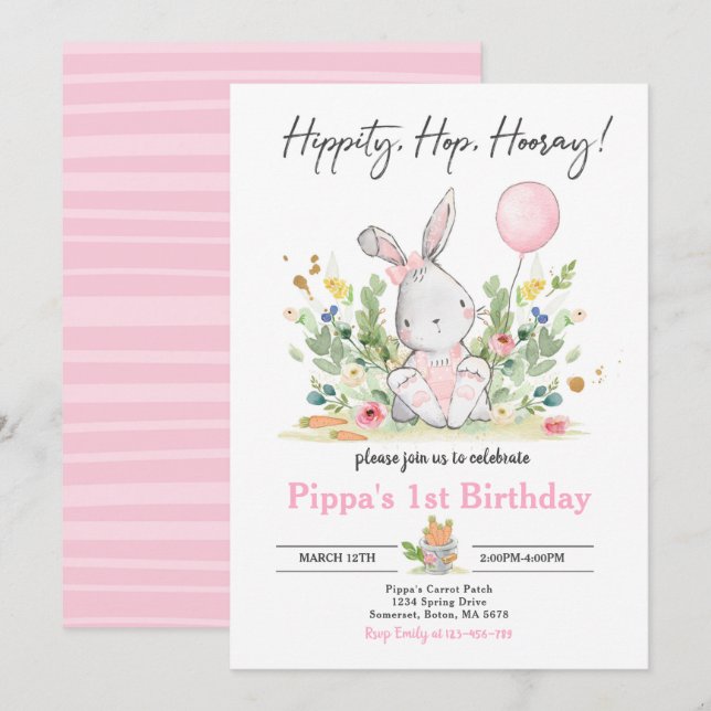 Bunny Birthday Party Pink Bunny Easter Birthday Invitation (Front/Back)