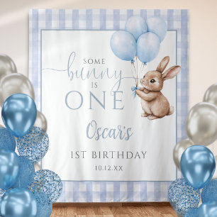 Bunny Blue Balloons 1st Birthday Backdrop Tapestry