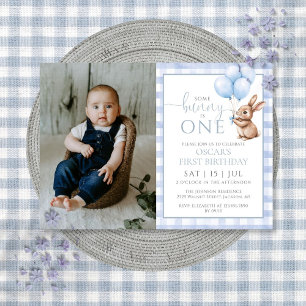 Bunny Blue Balloons Photo 1st Birthday Party Invitation