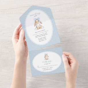 Bunny, Blue Bow, Blue Polka Dots, First Birthday All In One Invitation