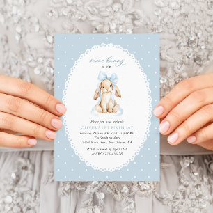 Bunny, Blue Bow, Blue Polka Dots, First Birthday Invitation