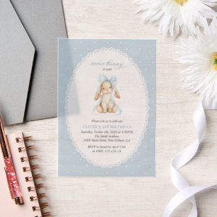 Bunny, Blue Bow, Blue Polka Dots, First Birthday Vellum Invitations