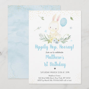 Bunny Blue Boy Greenery Birthday Invitation