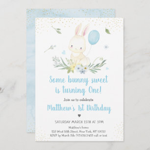 Bunny Blue Boy Greenery Birthday Invitation