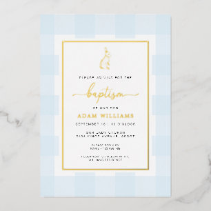 Bunny Blue En vichy Baptême Gold Foil Invitation