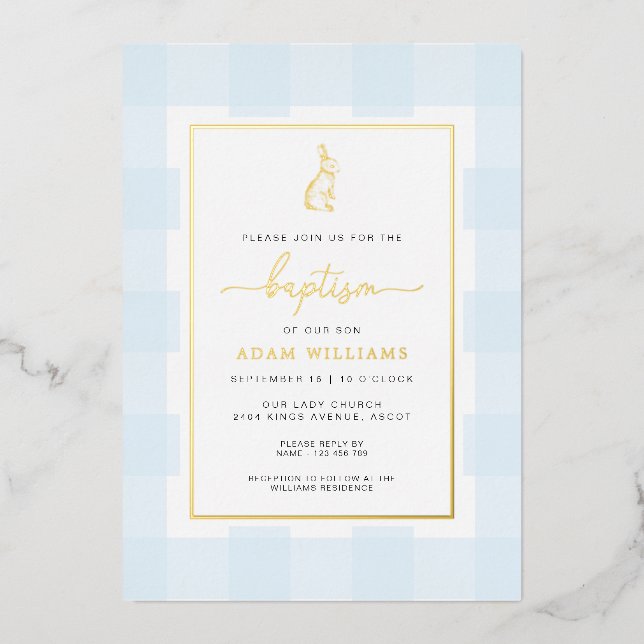 Bunny Blue En vichy Baptême Gold Foil Invitation (Recto)