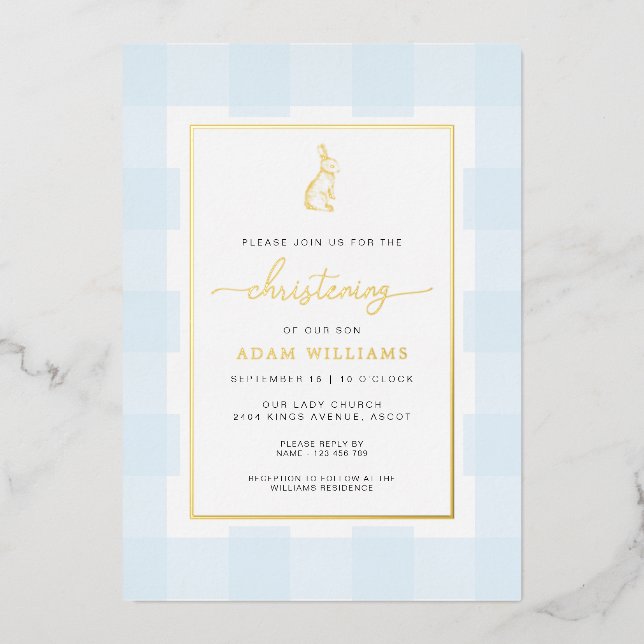 Bunny Blue En vichy Christening Foil Invitation (Recto)