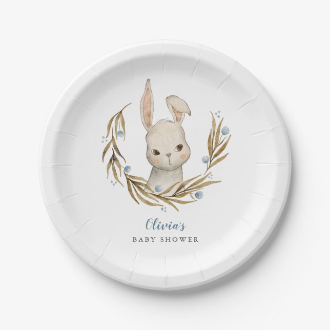 Bunny Blue Floral Baby Shower Paper Plate (Front)