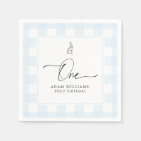 Bunny Blue Gingham First Birthday Paper Napkin