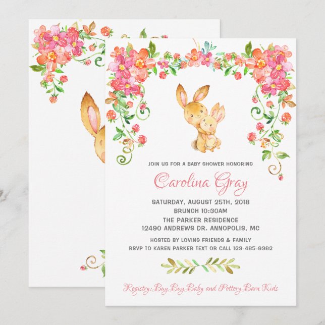 Bunny Boho Invitation Florale Baby shower rose (Devant / Derrière)