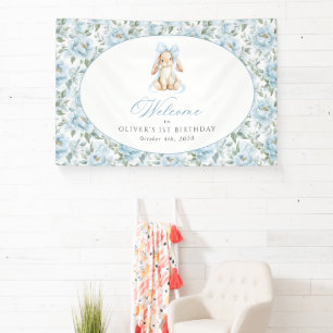 Bunny, Bow, Blue Flowers, First Birthday Welcome Banner